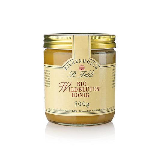 Feldt Wildblüten-Honig, Mexiko, gelb, mild-cremig, als Kinderhonig beliebt, BIO, 500 g - Streichzarter, champagnerfarbener Wildblütenhonig aus dem unberührten Hochland Mexikos, mit würzigem, blumigem und klarem Wildkräuteraroma Bei Kindern sehr beliebt!