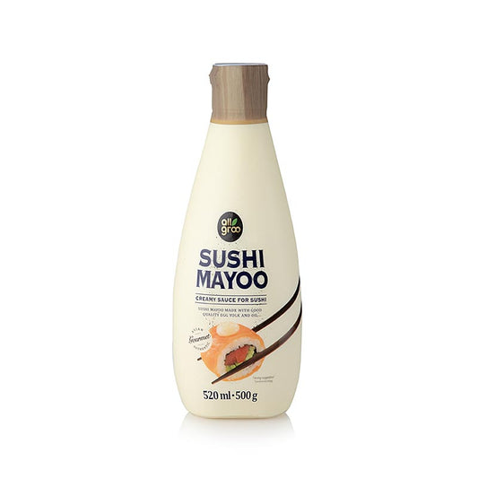 Eine Flasche Sushi Mayoo - cremige Sauce für Sushi (Mayonnaise) von Allgroo, 520 ml, ideal für die Verfeinerung von Sushi-Gerichten