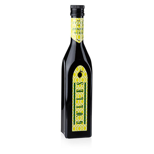 Bild eines 500 ml Gölles Zitronenwürze Balsamessig 5% Säure Flasche mit frisch gepresstem Zitronensaft aus Murcia, Spanien, veredelt in der Steiermark, Österreich
