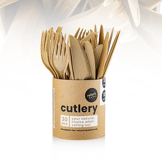 Besteckset aus nachhaltigen Materialen (15x Gabel und 15x Messer) in Pappdose, hergestellt aus Sägespänen, vollständig biologisch abbaubar, ohne Mikroplastik oder Giftstoffe, perfekt für Partys, Take Away, Hochzeiten oder Events