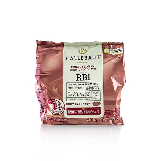 400 g Packung Callebaut Ruby Rosa Schokolade, hergestellt aus der Ruby-Kakaobohne, ohne Farbstoffe oder Fruchtaromen, mit intensivem Geschmack und natürlicher, pinker Farbe, perfekt für Pralinen, Ganaches oder Mousse