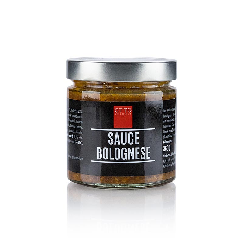 Handgemachte Bolognesesauce von Otto Gourmet, hergestellt mit hochwertigem Rinderhackfleisch und italienischen Tomaten, ideal für Spaghetti Bolognese oder Lasagne, abgepackt im 360-Gramm-Glas