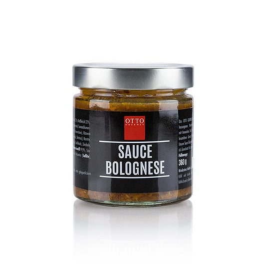 Handgemachte Bolognesesauce von Otto Gourmet, hergestellt mit hochwertigem Rinderhackfleisch und italienischen Tomaten, ideal für Spaghetti Bolognese oder Lasagne, abgepackt im 360-Gramm-Glas
