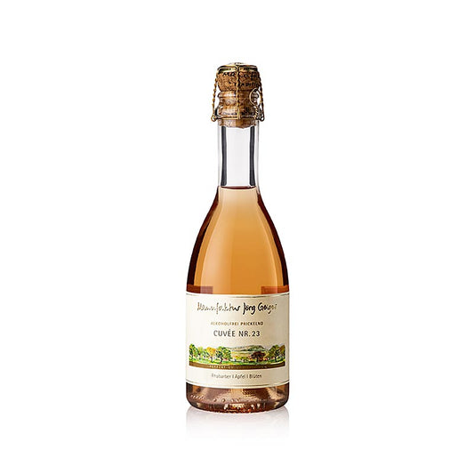 Jörg Geiger Alkoholfrei Prickelnd Cuvée 23, 375 ml - Erfrischende und fruchtige Cuvée 23 mit Rhabarber, Apfel und weißen Blüten, saftiger Säure und herben Nachhall, auch als 0,75 l Flasche erhältlich, Artikel 65033