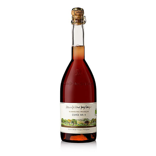 BIO alkoholfreie prickelnde Cuvée 9 von Manufaktur Jörg Geiger, 750 ml - Birnen-Traubenfrucht, weiße Blüten, nussige Aromen, birnenfruchtige Süße, milder prickelnde Säure, landschaftsprägende Streuobstwiesen
