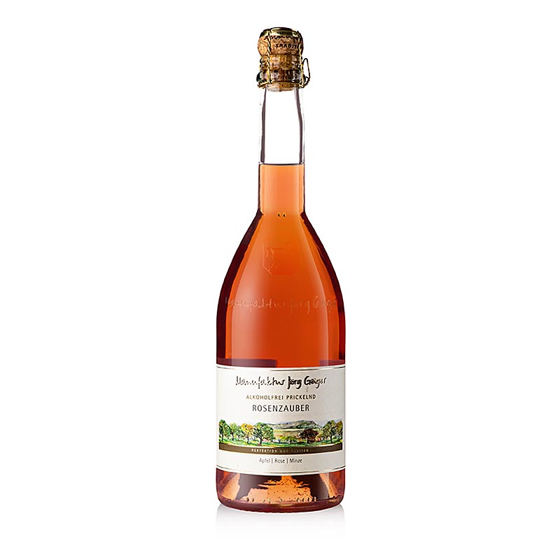 Jörg Geiger Alkoholfrei Prickelnd Rosenzauber 750 ml: Glas mit kräftigem Rosé und feiner Perlage, frischer Duft von Apfel, Himbeere und intensivem Rosenbouquet, fruchtiger Geschmack von Himbeere und Brombeere mit frischem Säure-Spiel und langem, fruchtig duftigem Nachhall