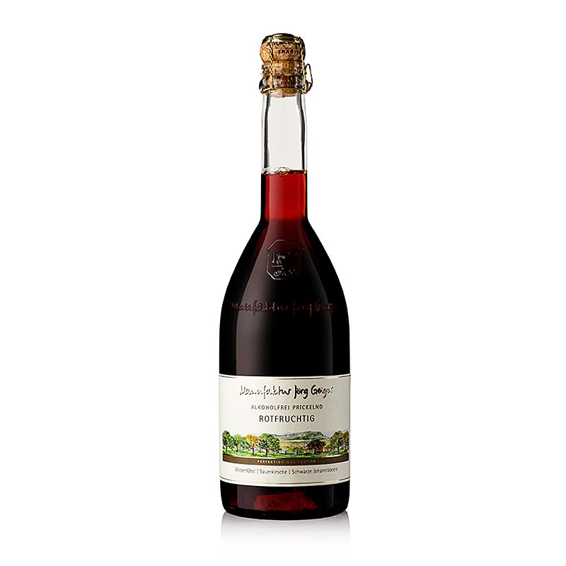 750 ml Flasche Jörg Geiger Alkoholfrei Prickelnd Rotfruchtig, hergestellt aus Sauerkirsche, Holunder, Quitte, schwarzer Johannisbeere, Limettensaft und erlesenen Gewürzen, perfekt für dunkelbeerige Desserts wie Rote Grütze