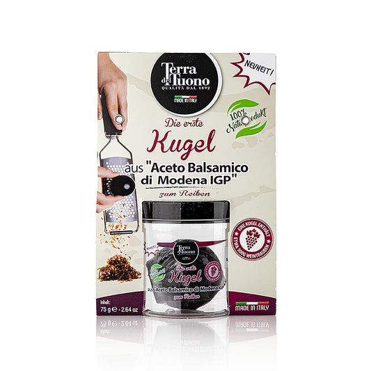 Kugel aus Balsamessig, zum Reiben, 75 g - Produktbild mit intensivem, typischem Balsamessig-Geruch und ausgewogenem, feinem Geschmack, ideal für verschiedene Gerichte und Desserts