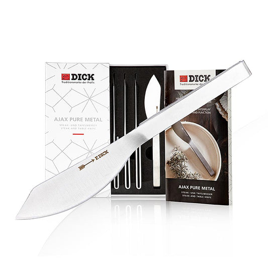Steak- und Tafelmesser AJAX Pure Metal von F DICK mit breitem, geschwungenem Klingenblatt für ein sensitives Geschmackserlebnis beim Schneiden von Fleisch