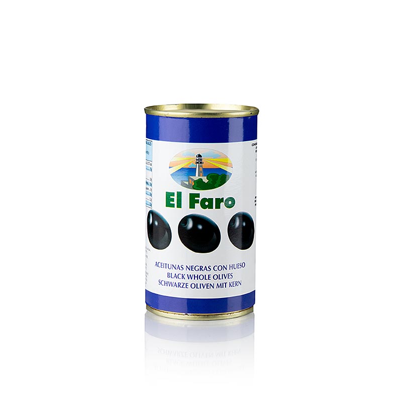 Schwarze Oliven mit Kern, geschwärzt, in Lake, El Faro, 350 g - Traditionell zubereitete Oliven aus Spanien mit intensivem Aroma und festem, rauchigem Geschmack Ideal als Aperitif, in Salaten oder Tapas Entdecken Sie mediterranen Genuss!