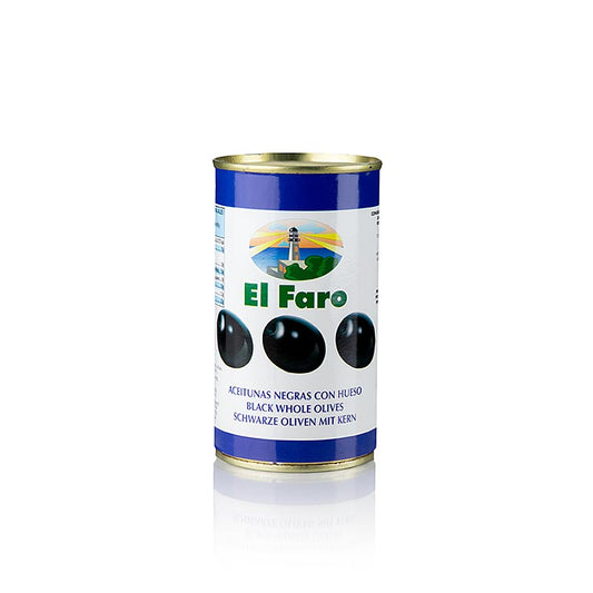 Schwarze Oliven mit Kern, geschwärzt, in Lake, El Faro, 350 g - Traditionell zubereitete Oliven aus Spanien mit intensivem Aroma und festem, rauchigem Geschmack Ideal als Aperitif, in Salaten oder Tapas Entdecken Sie mediterranen Genuss!