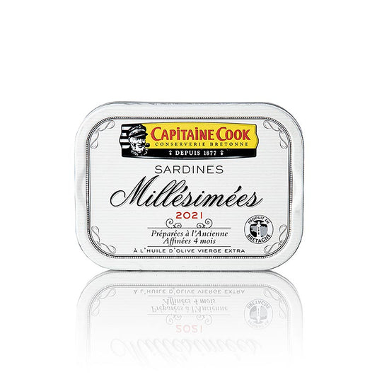 Sardines entières à l'huile d'olive, millésime 2021, Capitaine Cook, France, 115 g