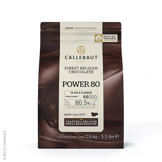 Two and a half kilograms of Bitter Schokoladen Callets Couverture by Callebaut, also known as Dark Power 80, perfect for professional chocolate making and baking (English)