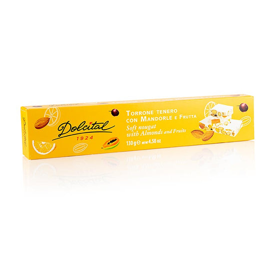 Torrone-Riegel von Dolcital mit weichem Nougat, Mandeln und Trockenfrüchten, 130 g