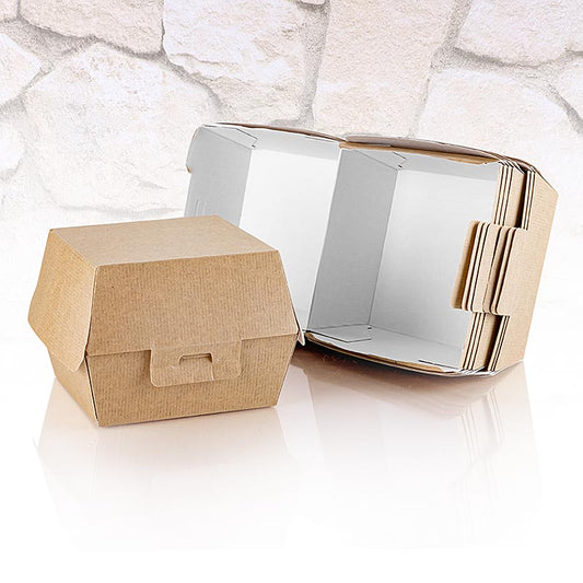 Die Take-Away-Burgerbox The Pack mit den Maßen 130x125x90mm bietet optimalen Schutz für Burger und Sandwiches beim Transport und präsentiert sich stilvoll