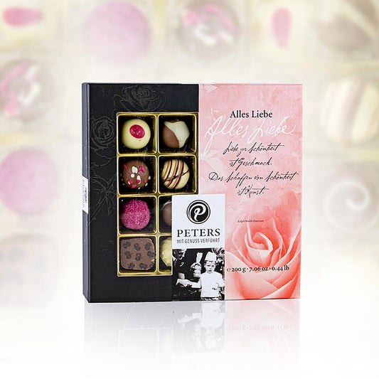 Trüffel & Pralinen-Mischung, Alles Liebe, mit Alkohol, Peters, 200 g, 16 St - Kunstvoll garnierte Pralinen in einer Design-Verpackung, ideales Präsent für Trüffelliebhaber mit Sorten wie Prosecco-Himbeer, Vanille, Rote Grütze Vanille, Riesling, Marc de Champagne, Latte Macchiato, Kir Royal und Knuspertraum