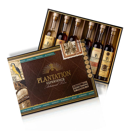 Eine elegante Plantation Rum Geschenkbox mit sechs verschiedenen Rum-Sorten in 10 cl Flaschen Enthält Plantation White Rum 3 Stars, Plantation Rum Original Dark, Plantation Rum Grande Reserve, Plantation Rum Gran Anejo, Plantation Rum Xaymaca Special Dry und Plantation Rum XO