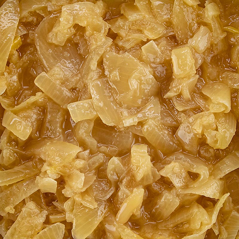 Bild eines 3 kg Behälters karamellisierter und marinierte Zwiebelstreifen von Holzmann, ideal für Chutneys und Schweinebrötchen, ohne Bitterkeit oder Nachgeschmack, Clean Label, Zeitersparnis und keine Vorbereitung erforderlich