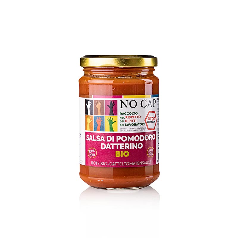 Datteltomatensauce, NO CAP, BIO, 300 g - Ethisch korrekt produziertes Tomatenprodukt, das gegen das Caporalato-System kämpft und afrikanische Erntehelfer vor Ausbeutung schützt