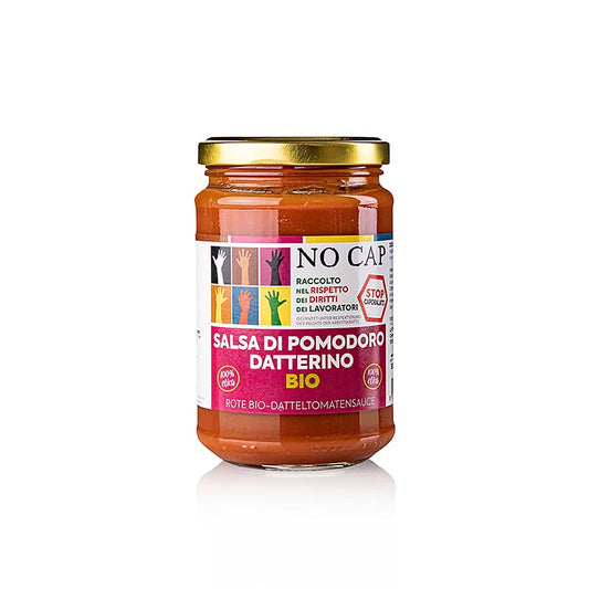 Datteltomatensauce, NO CAP, BIO, 300 g - Ethisch korrekt produziertes Tomatenprodukt, das gegen das Caporalato-System kämpft und afrikanische Erntehelfer vor Ausbeutung schützt