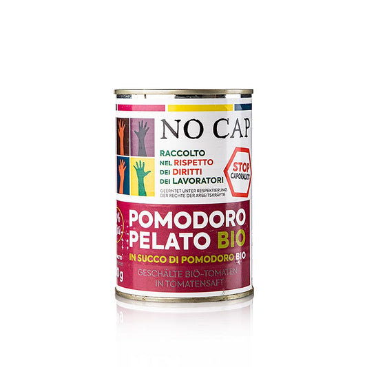 Tomaten, geschält, NO CAP, BIO, 400 g - IT-BIO-006, ethisch korrekt produzierte Tomatenqualität, kämpft gegen das Caporalato-System in Italien und unterstützt afrikanische Erntehelfer