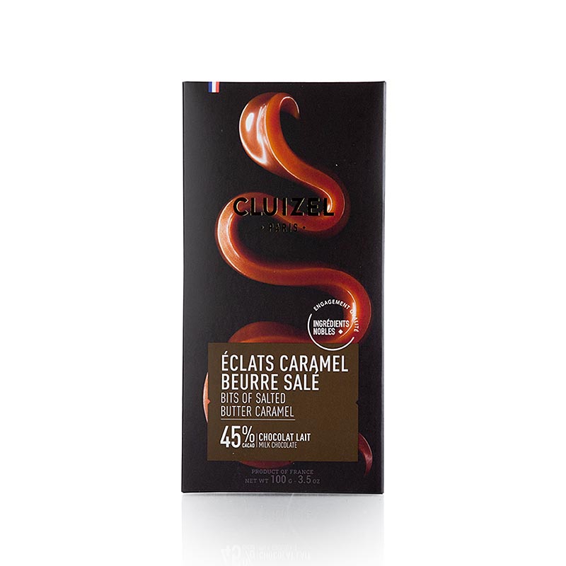 Schokoladentafel Caramel Beurre Sale 45% Milch, Michel Cluizel (12371), 100 g - Köstliche Milchschokolade mit Karamell und Meersalz, verpackt in eleganter Verpackung