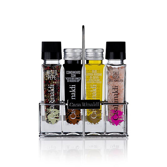 Glas mit nativem Olivenöl, Balsamico-Essig, buntem Pfeffer und Salz, verpackt in luxuriösem Geschenkkarton, ideal für den Tisch oder als exklusives Werbegeschenk