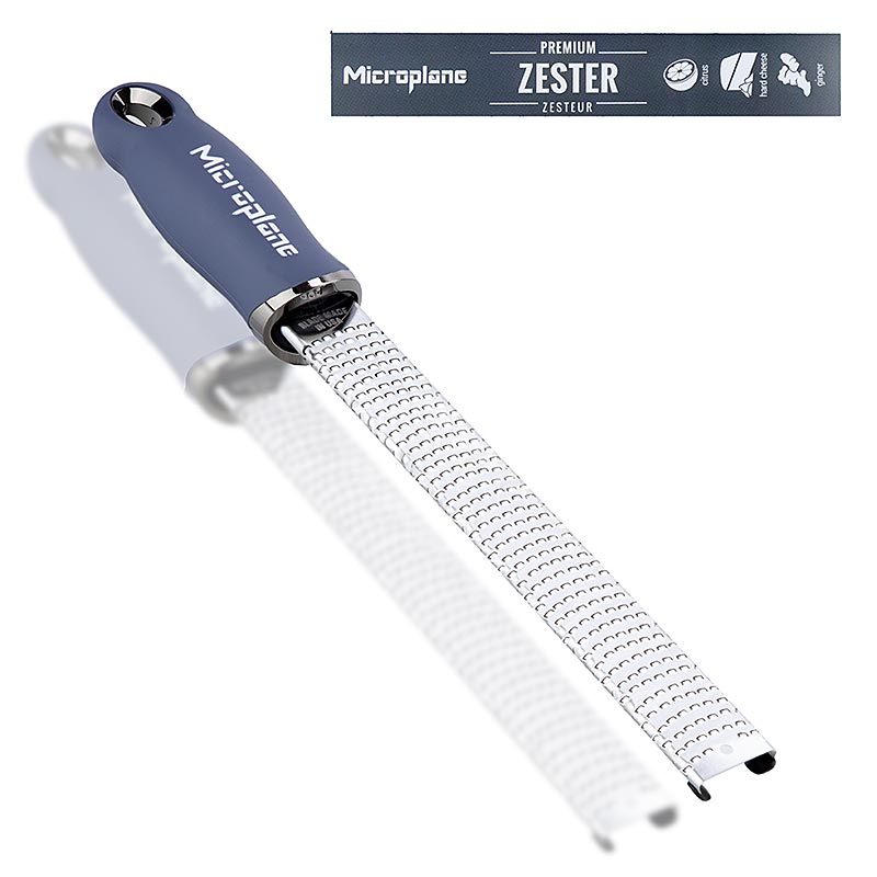 Reibe Microplane Classic, Zester Denimblau 46223 (Zester grater), 1 St - Eine hochwertige Reibe mit rasiermesserscharfen Klingen und ergonomischem Griff für optimale Kontrolle, perfekt zum Reiben von Zitrusschalen, Hartkäse und Muskatnuss Leicht zu reinigen und spülmaschinenfest