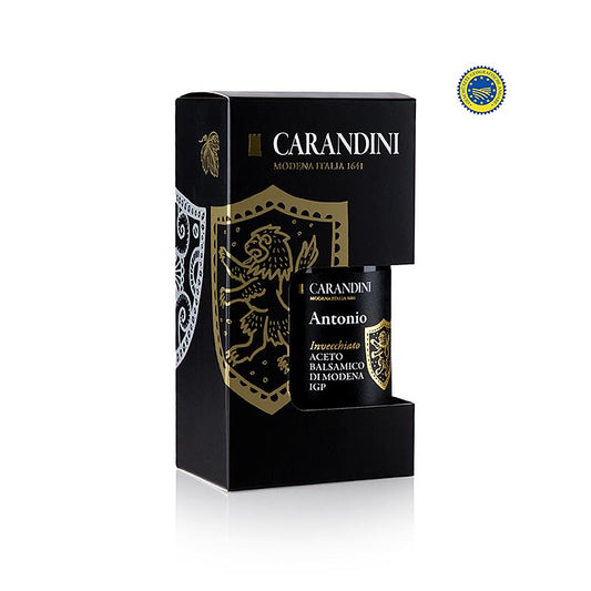 Carandini Aceto Balsamico Modena ggA, Antonio, invecchiato (Präsentkarton), 250 ml - Traditionell gereifter Balsamico-Essig mit rubinroter Farbe und flüssiger Konsistenz, perfekt als Geschenk für Gourmet-Liebhaber oder zur Verfeinerung von Gourmet-Kreationen