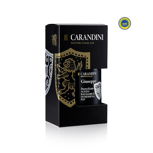Carandini Aceto Balsamico Modena ggA, Giuseppe, invecchiato (Präsentkarton), 250 ml - Geschenkkarton mit hochwertigem Balsamico-Essig aus Modena, Italien, perfekt zum Beträufeln von Parmesankäse, Risotto oder Erdbeeren