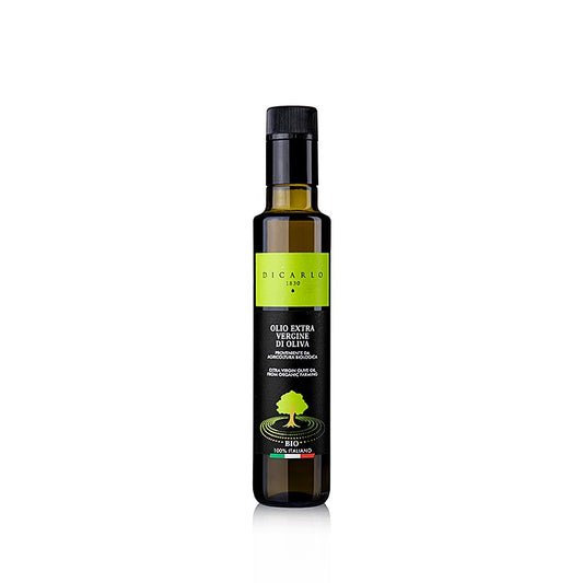 Natives Olivenöl Extra Oil EVO Di Carlo, BIO, 250 ml - Bio-Olivenöl mit fruchtigem Geschmack, subtilen Noten von frischem Gras und Mandeln, ideal zum Verfeinern von Salaten, Pasta, Fisch- und Fleischgerichten oder zum Genießen mit frischem Brot Entdecken Sie den reichen Geschmack dieses hochwertigen BIO-Olivenöls von Di Carlo