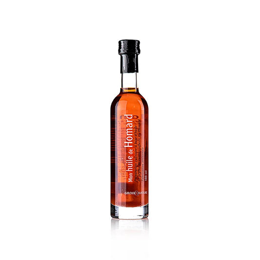 Bild eines 100 ml Fläschchens mit Hummeröl, hergestellt aus hochwertigem Hummer, perfekt zum Beträufeln von Pasta, Risotto oder Meeresfrüchten, rein und frei von Zusatzstoffen, für den abenteuerlustigen Hobbykoch