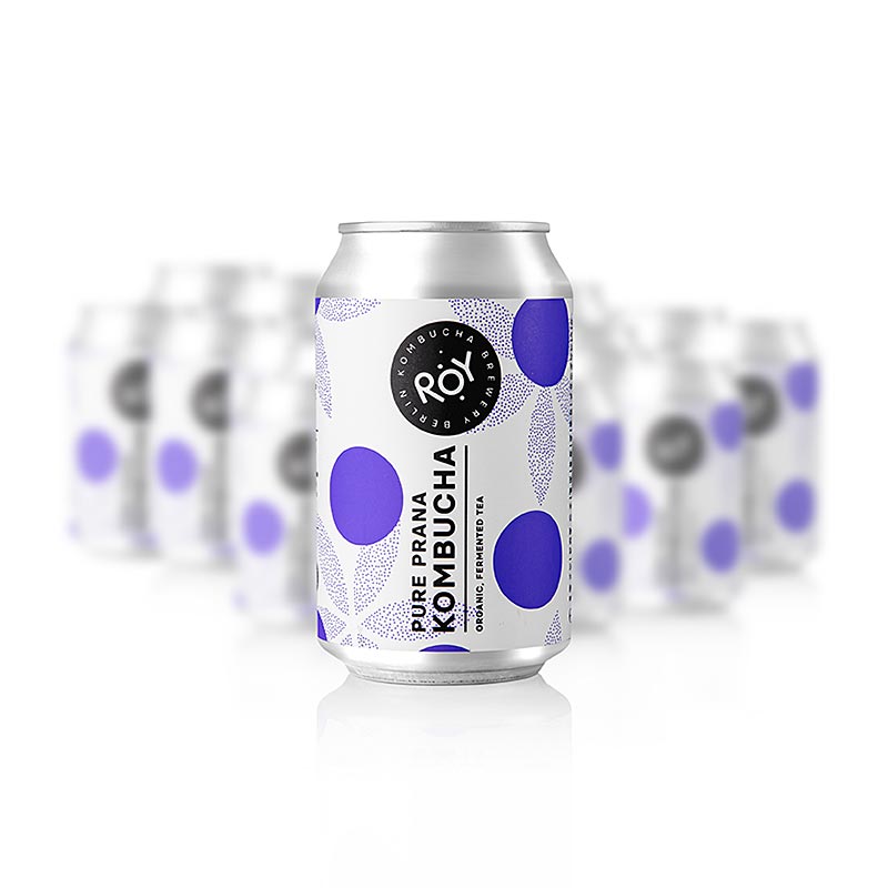 ROY Pure Prana Kombucha Berlin, BIO, 24 x 330ml - Produktbild mit energetisierendem Kombucha aus vitalisierendem Pure Prana Tee von Paper & Tea, hergestellt in Berliner Kombucha Brauerei, vegan, laktosefrei und glutenfrei, voller organischen Säuren und B-Vitaminen, hergestellt in transparenter Eigenproduktion, vielseitiger im Geschmack, besser für Dich und die Umwelt