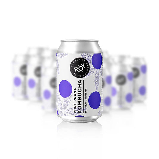 ROY Pure Prana Kombucha Berlin, BIO, 24 x 330ml - Produktbild mit energetisierendem Kombucha aus vitalisierendem Pure Prana Tee von Paper & Tea, hergestellt in Berliner Kombucha Brauerei, vegan, laktosefrei und glutenfrei, voller organischen Säuren und B-Vitaminen, hergestellt in transparenter Eigenproduktion, vielseitiger im Geschmack, besser für Dich und die Umwelt