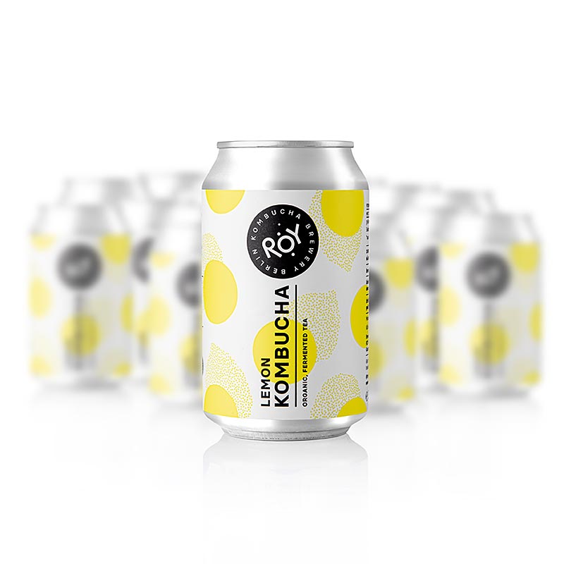 Organic ROY Lemon Kombucha Berlin in a pack of 24 x 330ml bottles, perfect for a refreshing and healthy drink option (English)