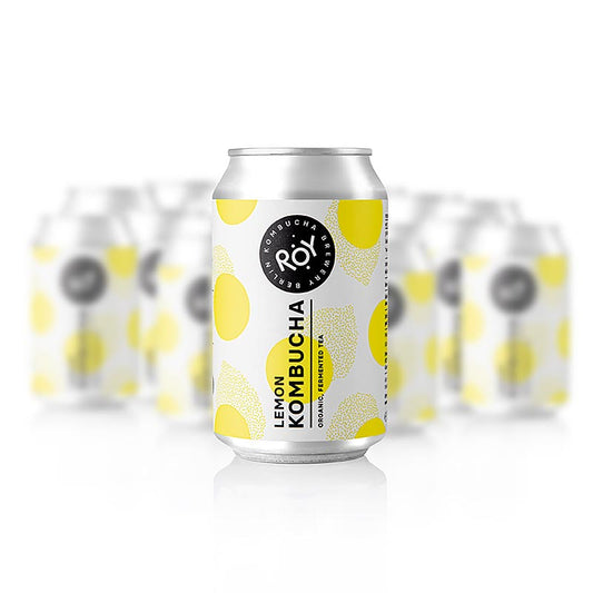 Organic ROY Lemon Kombucha Berlin in a pack of 24 x 330ml bottles, perfect for a refreshing and healthy drink option (English)
