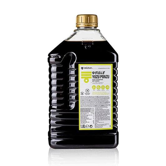 Soja Sauce mit Yuzu Fruchtsaft, Mizkan, 1,8 l - vielseitige japanische Sojasauce mit erfrischendem Yuzu-Zitrusgeschmack, perfekt für Dips, Marinaden und Dressings, verleiht Fisch, Fleisch und Gemüse einen köstlichen Umami-Geschmack