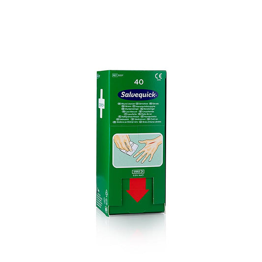 Nachfüllpackung Salvequick Wound Cleanser (0,9% NaCl) von Cederroth, bestehend aus 40 vorgefeuchteten Tüchern, getränkt in 0,9%iger Natriumchloridlösung, zur sanften Reinigung von kleinen bis mittelgroßen Wunden Geeignet für hochwertige Erste-Hilfe von Cederroth
