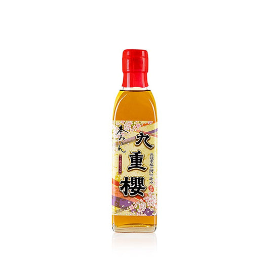 Bild einer eleganten 300ml-Flasche Mirin Hon - Sakura von Kokonoe Mikawa aus Japan, einer unverzichtbaren Zutat für traditionelle japanische Gerichte, die Marinaden, Soßen und Eintöpfen einen dezent süßen Geschmack und einen schönen Glanz verleiht