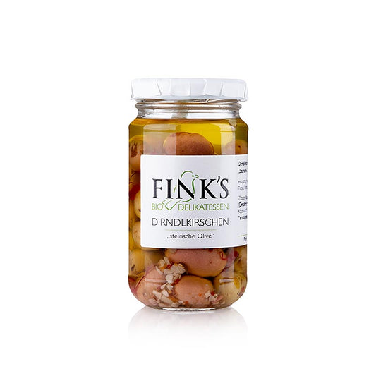 Eingelegte Bio-Dirndlkirschen Kornelkirschen von Finks Delikatessen, 180 g, für köstliche süß-saure Note in Gerichten und Käseplatten