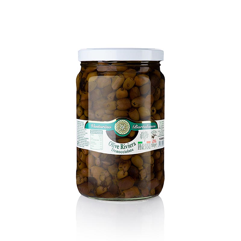 Eingelegte und verpackte Venturino Snocciolate Leccino Oliven in Olivenöl, 1,5 kg-Packung