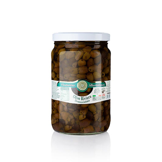 Eingelegte und verpackte Venturino Snocciolate Leccino Oliven in Olivenöl, 1,5 kg-Packung