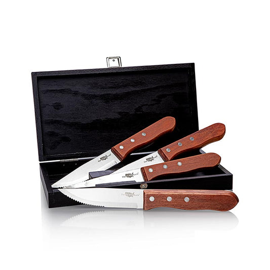 Steak Messer Set mit vier hochwertigen rostfreien Stahlmessern in eleganter schwarzer Holzschatulle Ideal für die Zubereitung und das Servieren von Steaks