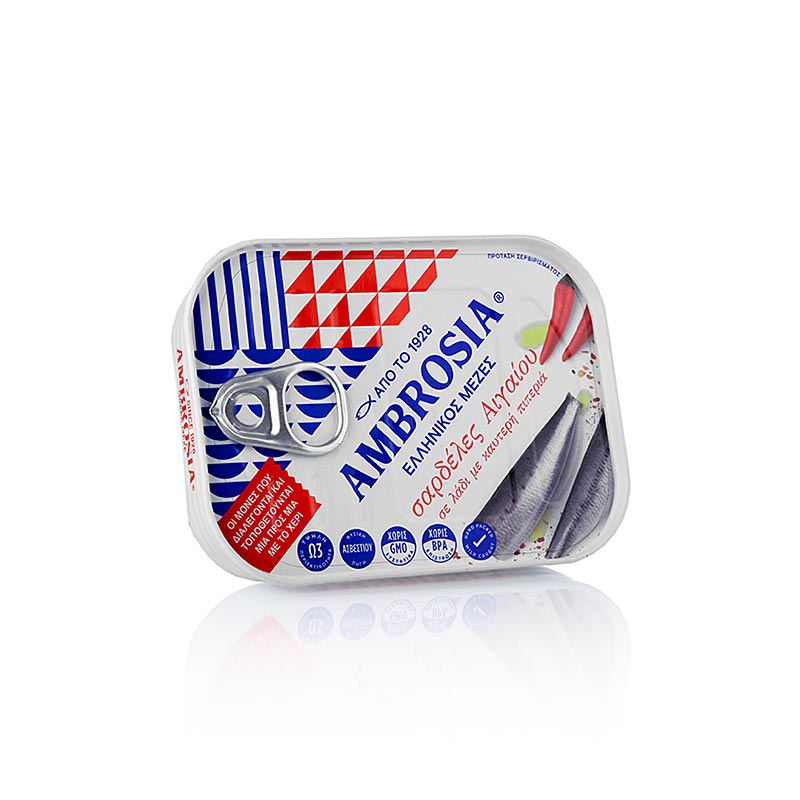 Sardinen in pikantem Öl aus dem Ägäischen Meer, Ambrosia, 105 g - hochwertige fangfrische Sardinen in würzigem Öl, ideal als Aperitif, in Salaten oder in Lieblingsgerichten zu genießen