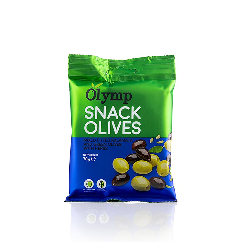 Köstliche Snack-Oliven, eine Mischung aus Kalamata & grünen Oliven mit Kräutern, 70g-Packung