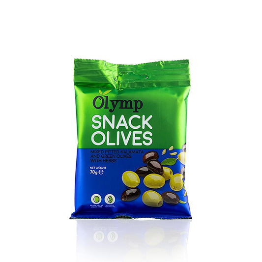 Köstliche Snack-Oliven, eine Mischung aus Kalamata & grünen Oliven mit Kräutern, 70g-Packung