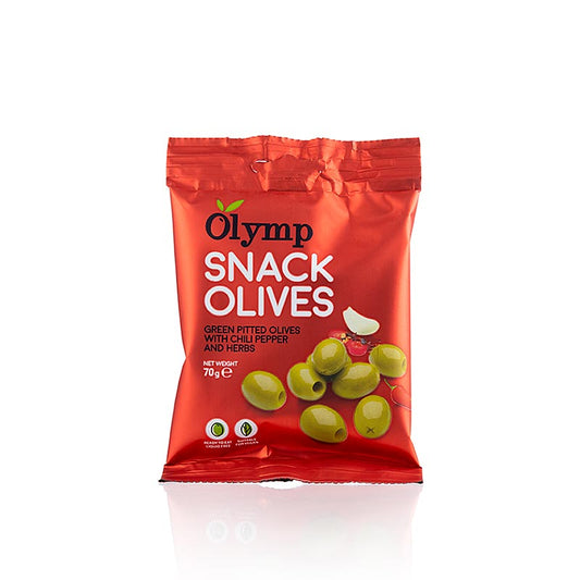 Olive snack, olive verdi, senza nocciolo, con peperoncino ed erbe, 70 g
