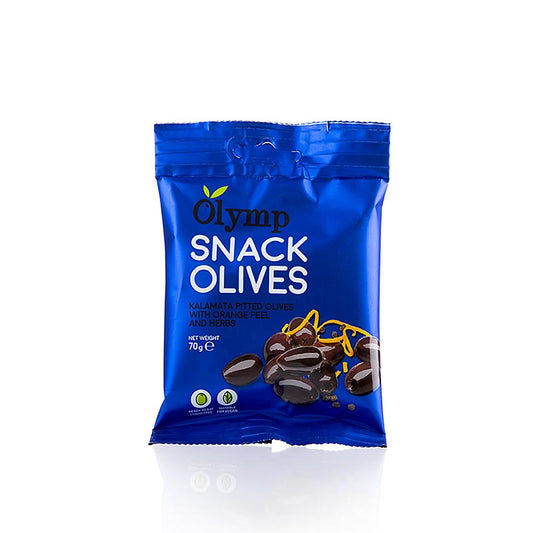 Kernlose Kalamata-Snack-Oliven mit Orangenschale und Kräutern, 70 g-Packung, griechischer Geschmack