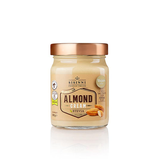 Mandel Creme mit Stevia Sisinni 380g, köstliche, gesunde Wahl aus hochwertigen Mandeln und natürlichem Stevia, perfekt als Brotaufstrich, in Smoothies, als Topping für Desserts oder in Backwaren