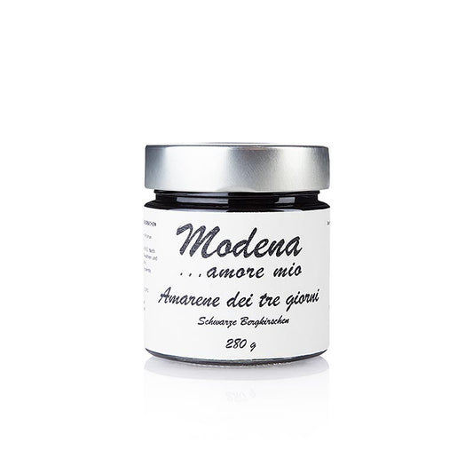 Schwarze Bergkirsche - Fruchtaufstrich (Amarena) von Modena Amore Mio, 280 ml: Köstlicher, ausgewählter Kirschenaufstrich aus Modena, ideal als Brotaufstrich, im Joghurt oder auf Eiscreme, in einem eleganten 280ml-Glasgefäß verpackt